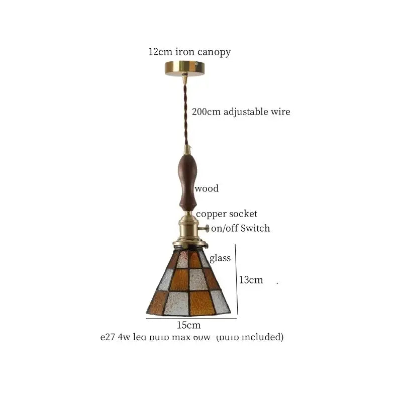 Japanese vintage stained glass led pendant lamp with amber gray shade, wooden handle, brass fittings, for dining room lighting