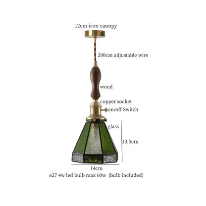 Japanese vintage stained glass led pendant lamp with green glass, wooden handle, and brass accents for dining room