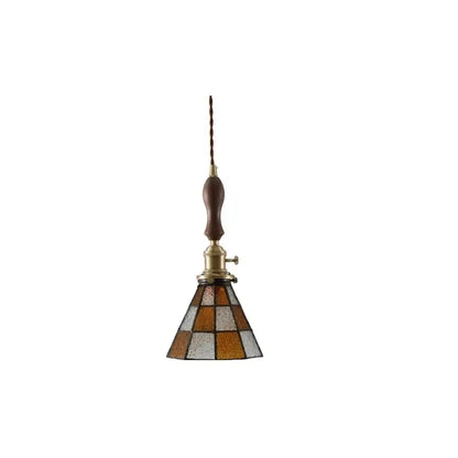 Japanese vintage stained glass led pendant lamp with amber and brown geometric shade and dark wood handle for dining room