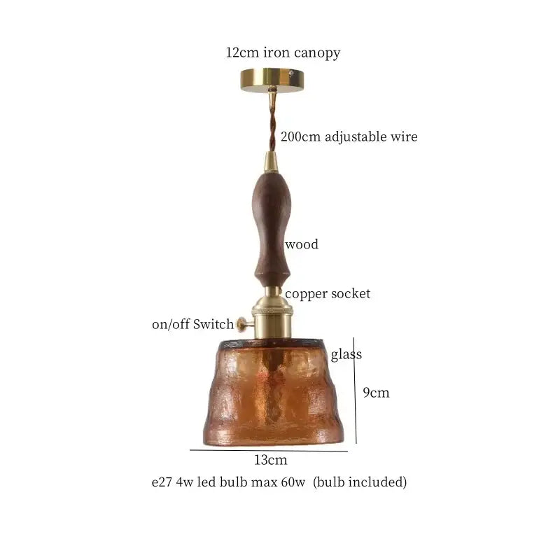 Japanese vintage amber glass led pendant lamp with dark wood handle and brass accents for dining room lighting
