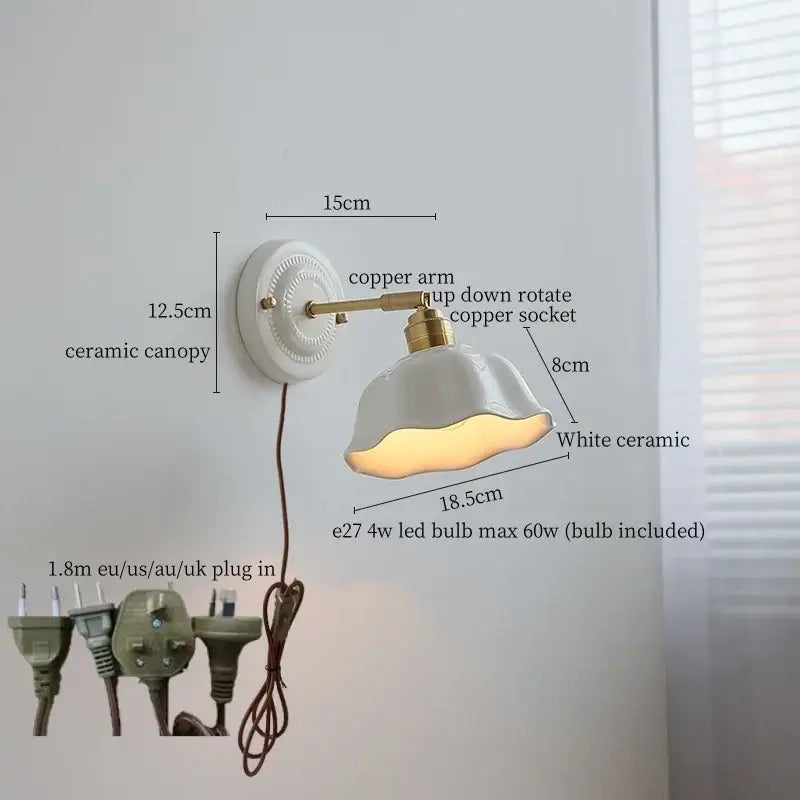 Japanese vintage white ceramic led wall sconce with brass copper arm and adjustable design for directional lighting decorbites ceramic led wall
