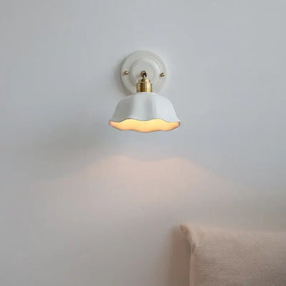 Japanese vintage white ceramic led wall sconce with brass accent and scalloped lampshade for bedroom decorbites ceramic led wall