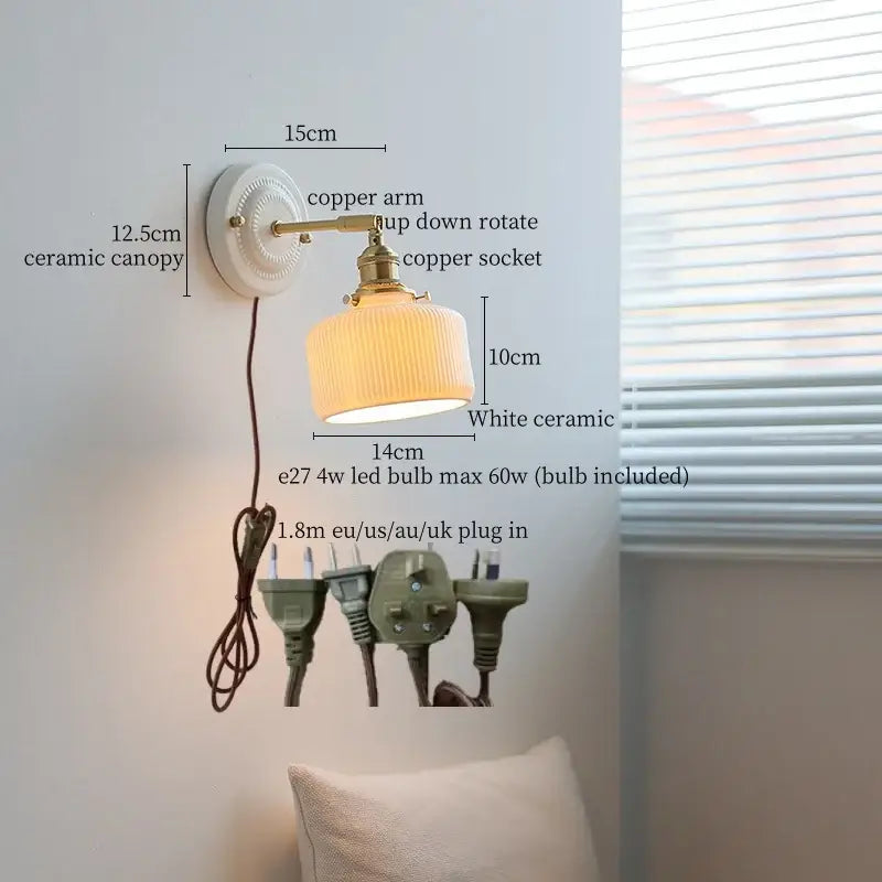 Japanese vintage white ceramic led wall sconce with ribbed ceramic shade and brass copper arm for bedroom decorbites ceramic led