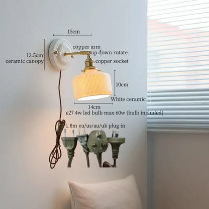 Japanese vintage white ceramic led wall sconce with ribbed ceramic shade and brass copper arm for bedroom decorbites ceramic led