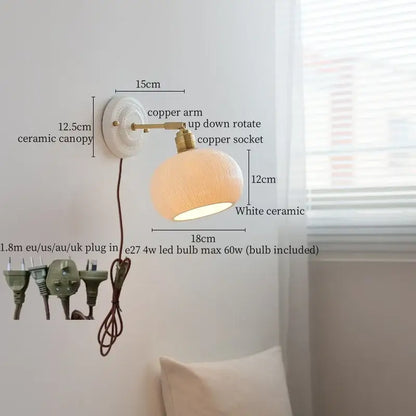 Japanese vintage white ceramic led wall sconce with copper arm and adjustable design for bedroom decorbites ceramic led wall