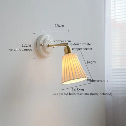 White ceramic led wall sconce with fluted shade and brass-finished copper arm for bedroom decorbites ceramic led wall