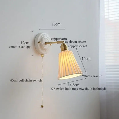 White ceramic led wall sconce with fluted shade and brass copper arm for japanese vintage bedroom decorbites ceramic led wall
