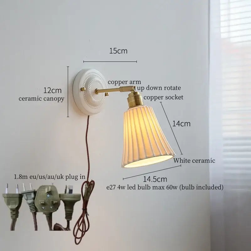 Japanese vintage white ceramic led wall sconce with fluted shade and brass-finished arm for bedroom decorbites ceramic led wall