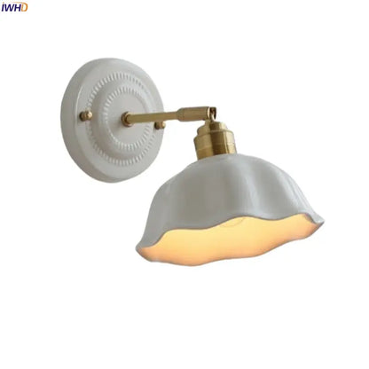 Japanese vintage white ceramic led wall sconce with gold-toned arm and scalloped lampshade decorbites ceramic led wall light