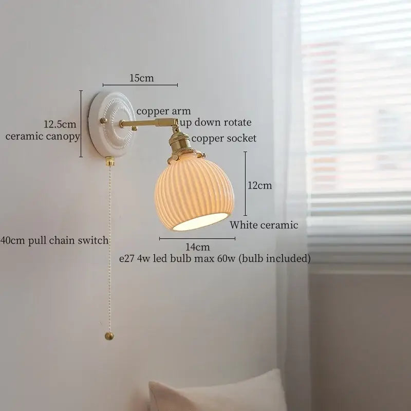 White ceramic led wall sconce with ribbed glass shade and brass copper arm for bedroom decorbites ceramic led wall lighting