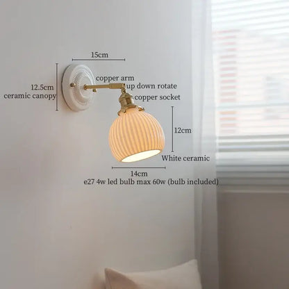 White ceramic led wall sconce with ribbed glass shade and brass copper arm for bedroom decorbites ceramic led wall