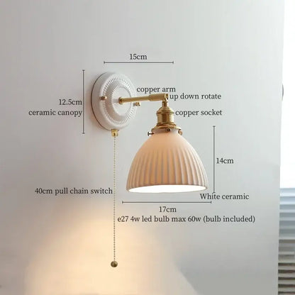 Japanese vintage white ceramic led wall sconce with ribbed fluted shade and brass copper arm for bedroom decorbites ceramic led