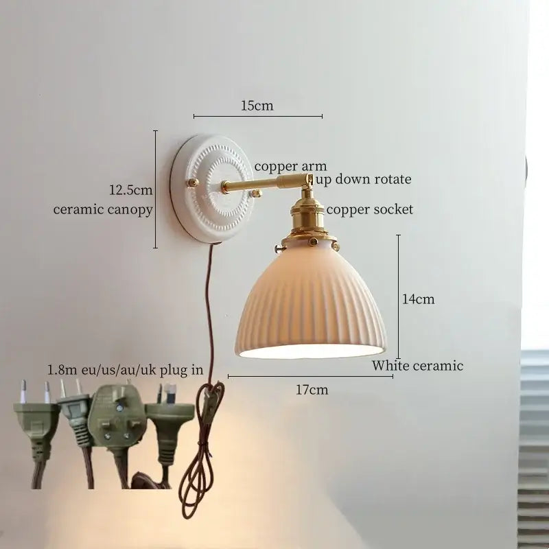 Japanese vintage white ceramic led wall sconce with ribbed bell-shaped shade and brass copper arm for bedroom decorbites ceramic led wall