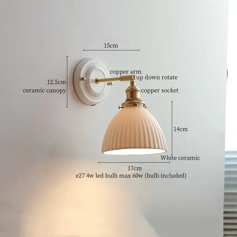 White ceramic led wall sconce with ribbed dome shade and brass copper arm perfect for bedroom decorbites ceramic led decor