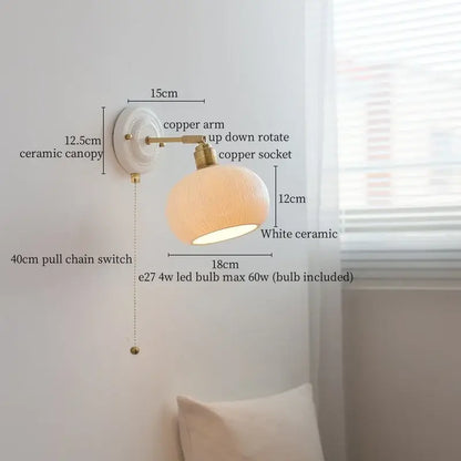 Japanese vintage white ceramic led wall sconce with textured rounded shade and brass-finished copper arm for decorbites ceramic led wall decor