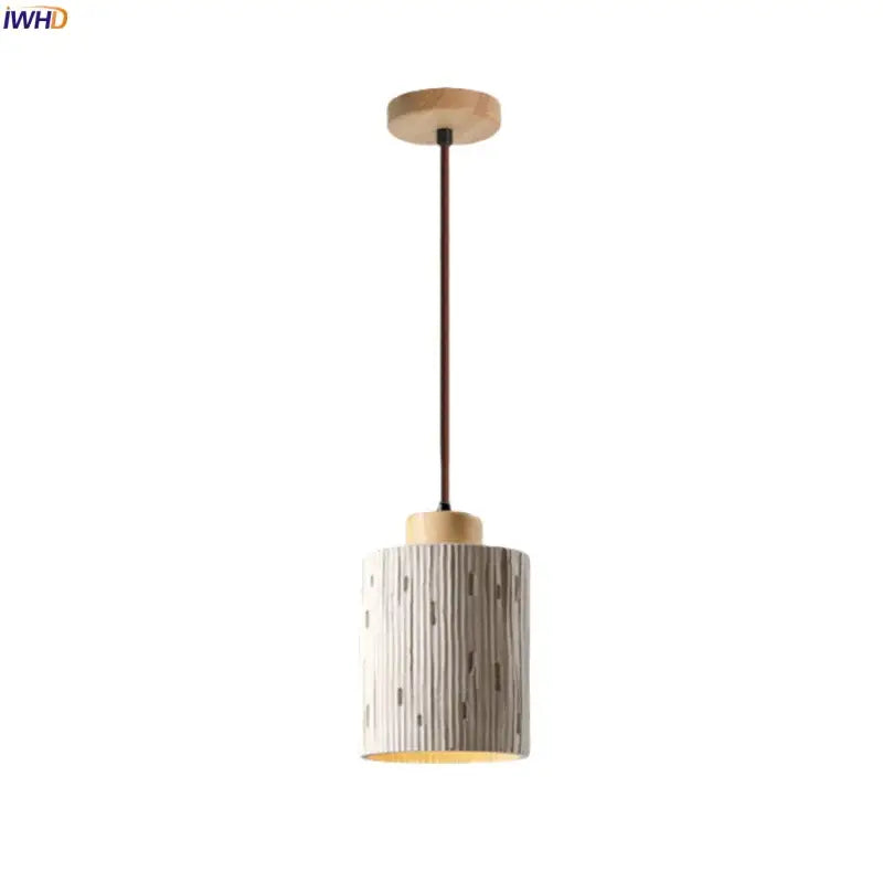 Japanese vintage wood and cement led pendant light with off-white ceramic shade and natural wooden accents for bedroom decor