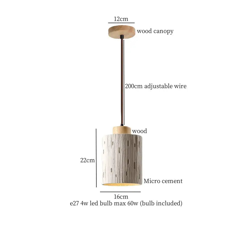 Japanese vintage wood and cement led pendant light with textured white micro cement body and wooden accents for decorbites pendant lights