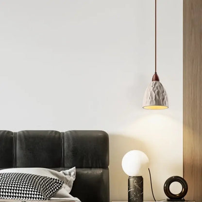 A modern japanese vintage wood and cement led pendant light with textured gray ceramic shade for bedroom decorbites cement led