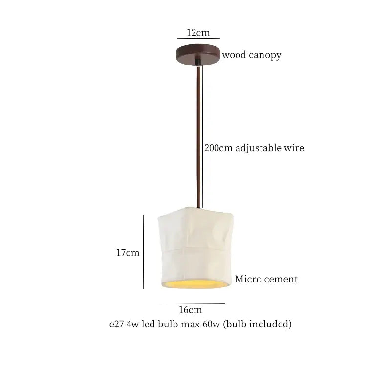 A japanese vintage wood and cement led pendant light with dark bronze wood canopy and warm yellow interior shade