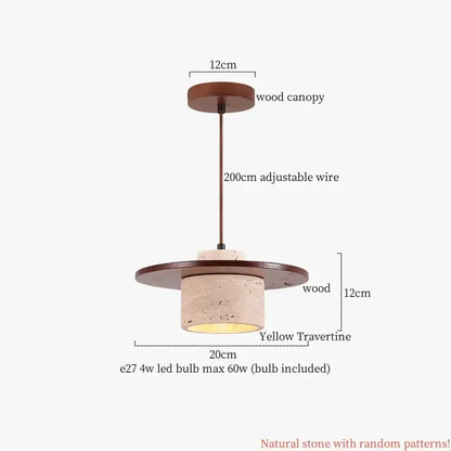 A modern japanese vintage wood and cement led pendant light with yellow travertine stone shade for bedroom decorbites cement led
