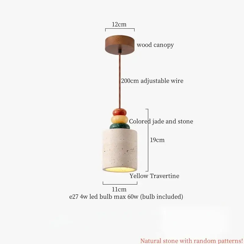 Japanese vintage wood and cement led pendant light with yellow travertine shade and jade stone accents for pendant lights decorbites cement led