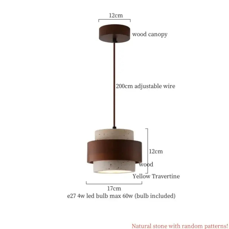 Japanese vintage wood and cement led pendant light with dark wood canopy and yellow travertine rings for bedroom decorbites cement led