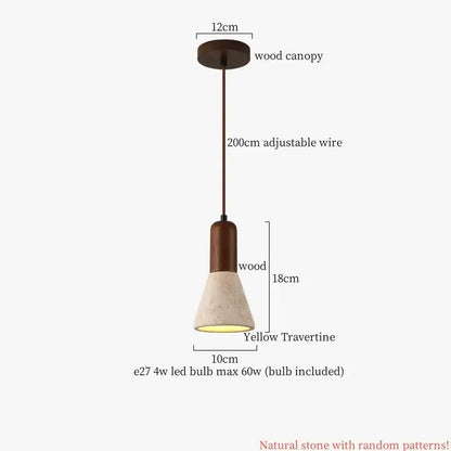 Japanese vintage wood and cement led pendant light with dark wood stem and yellow travertine conical shade for bedrooms