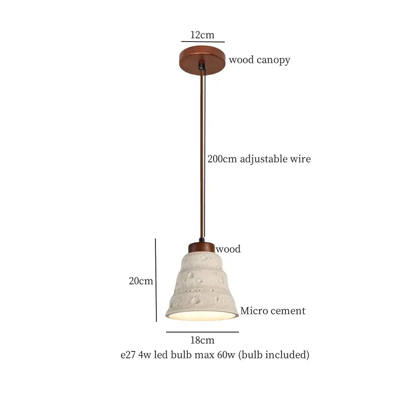 Rustic japanese vintage wood and off-white micro cement led pendant light with wooden canopy and adjustable bronze wire for bedroom decorbites cement led