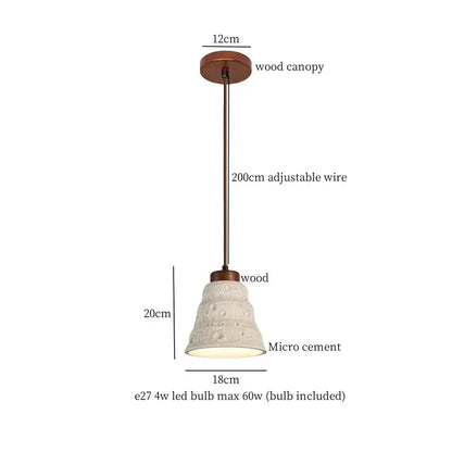 Rustic japanese vintage wood and off-white micro cement led pendant light with wooden canopy and adjustable bronze wire for bedroom decorbites cement led