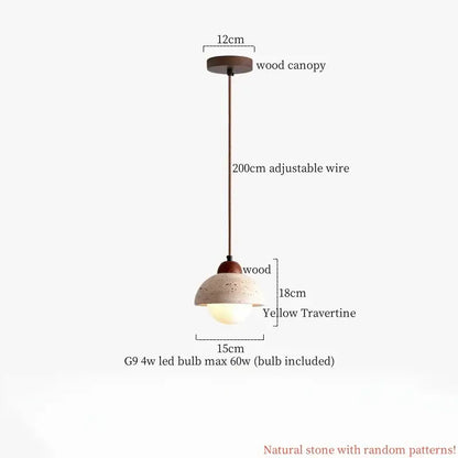 Japanese vintage wood and cement led pendant light with yellow travertine shade and bronze wire for bedroom decorbites cement led