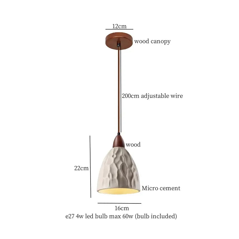 Japanese vintage wood and cement led pendant light with textured off-white micro cement shade and adjustable 200cm wire