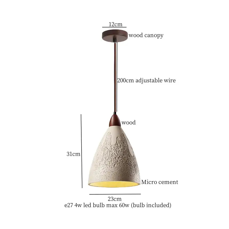 Japanese vintage wood and micro cement led pendant light with rustic wood canopy for bedroom decorbites cement led lighting