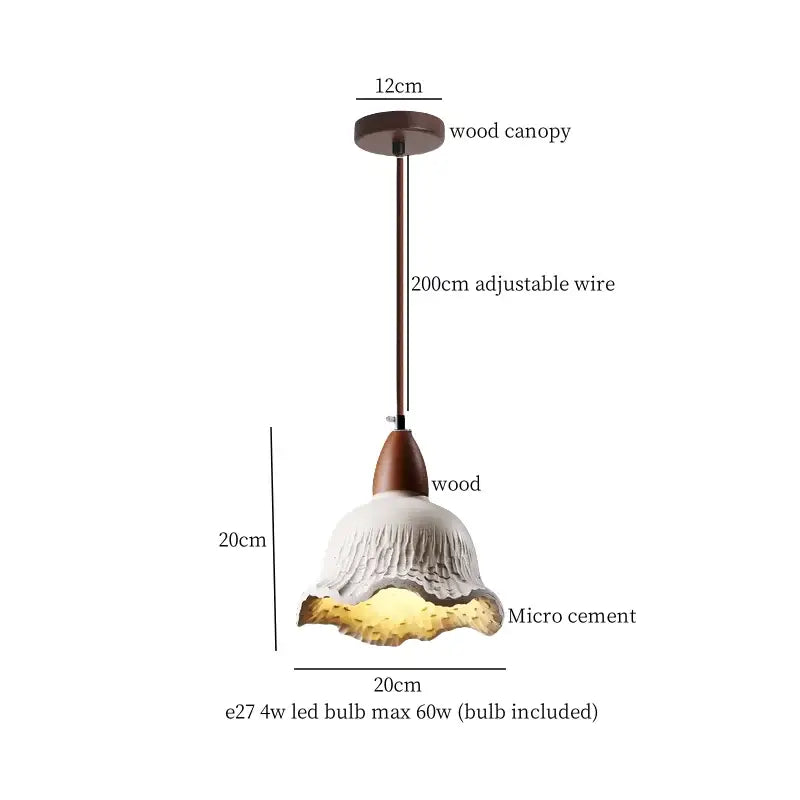 White micro cement pendant light with petal texture and wooden canopy for japanese vintage wood and cement led pendant decorbites cement led