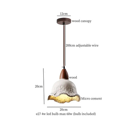 White micro cement pendant light with petal texture and wooden canopy for japanese vintage wood and cement led pendant decorbites cement led