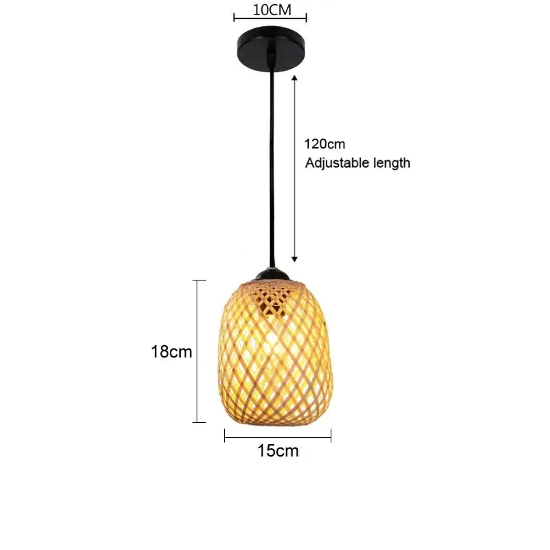 Warm-toned Japanese woven bamboo pendant light with natural finish and black metal hardware for dining room use