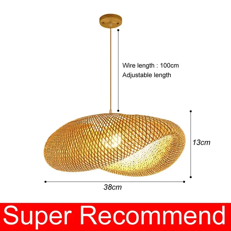 Japanese woven bamboo pendant light with natural finish and gold metal wire for dining room as a warm-toned pendant light