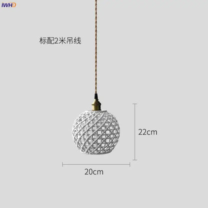 White spherical pendant light with woven lattice design and brass hardware for Japanese woven gray and blue ceramic led pendant lights