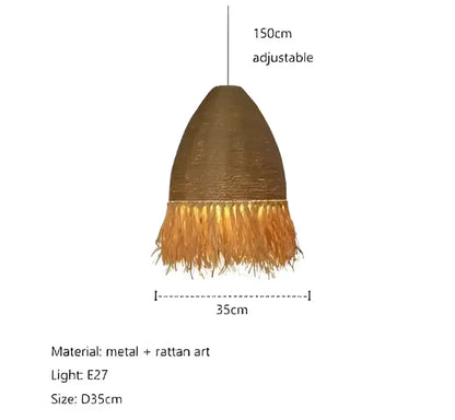 Brown conical pendant light with natural-colored rattan fringe made from metal and handmade rattan by decorbites for living room decor