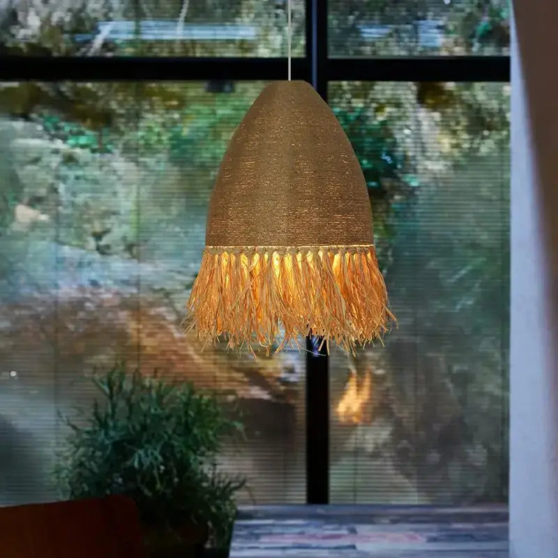 Japanese woven straw fringed pendant light in warm tones for living room decorbites handmade rattan pendant light