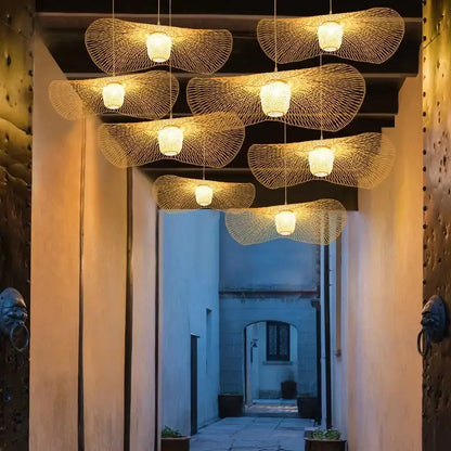 Elegant japanese woven wave bamboo pendant chandelier with natural golden hue and intricate fan-shaped design for dining room decorbites bamboo pendant