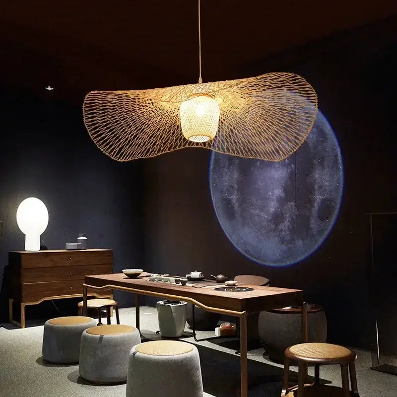 Japanese woven wave bamboo pendant chandelier with golden brown lattice design and illuminated central lantern for dining room decorbites bamboo pendant