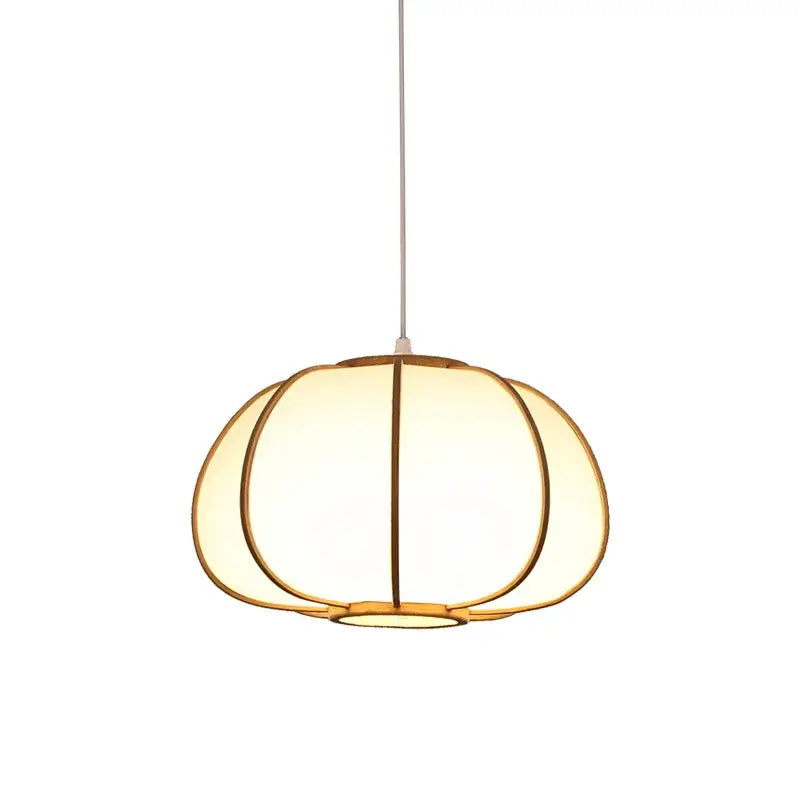 Warm-toned bamboo pendant lamp with segmented pumpkin shape and thin metallic frame for tea room decorbites bamboo pendant