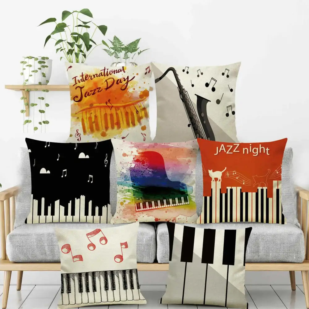 A collection of colorful jazz-themed linen cushion covers featuring notes piano graphic and letter notes piano decorbites designs
