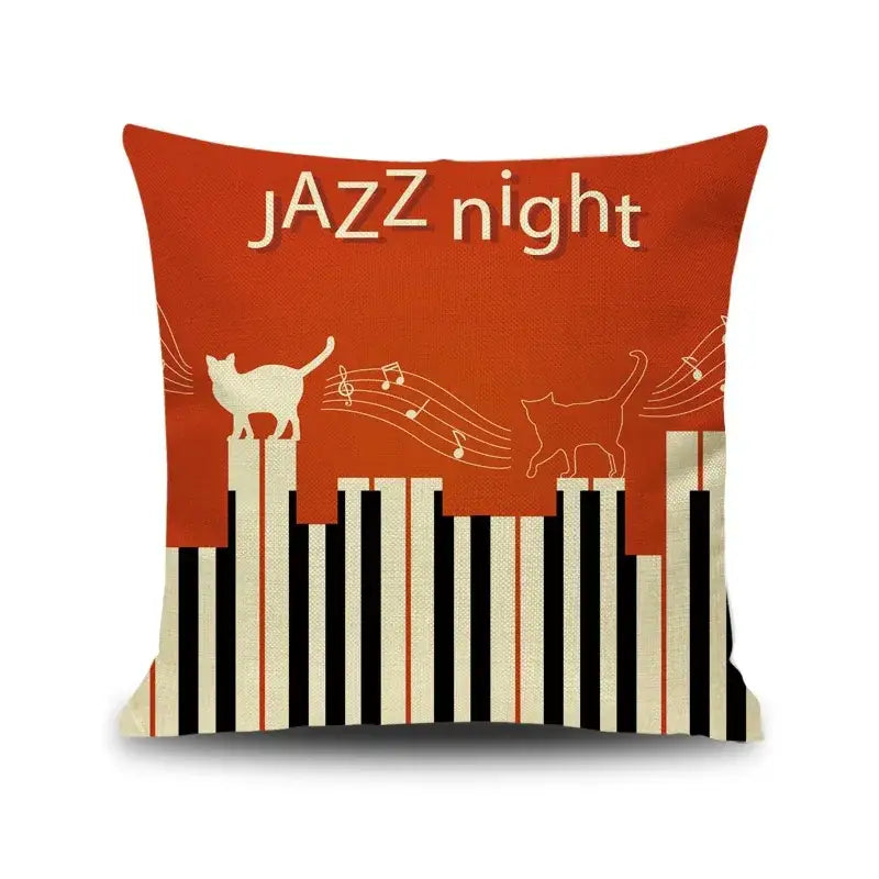 Orange linen throw pillow with jazz night text and black-and-white notes piano graphic featuring cat silhouettes for decorbites letter notes living room decor