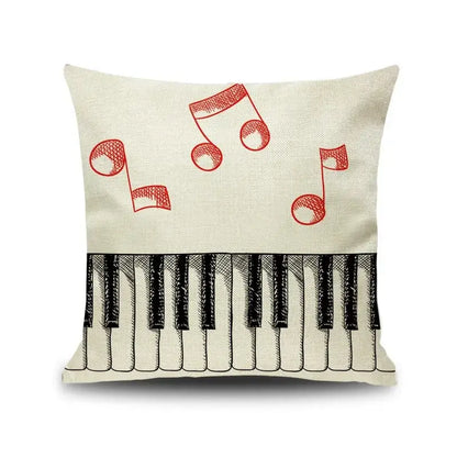 Beige linen throw pillow with black and red letter notes piano graphic design for living room decorbites decor