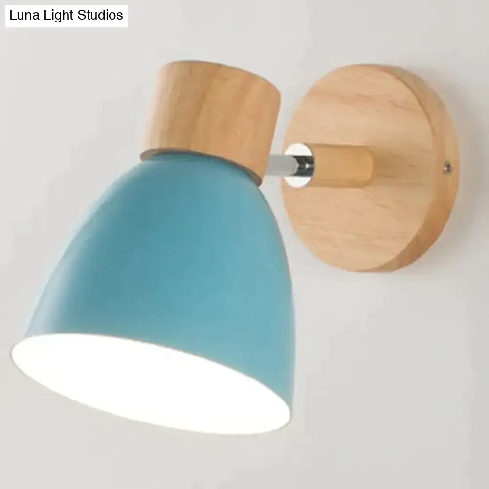 Blue matte finished metal lampshade with natural wood base of joan wooden reading wall lamp for bedroom light