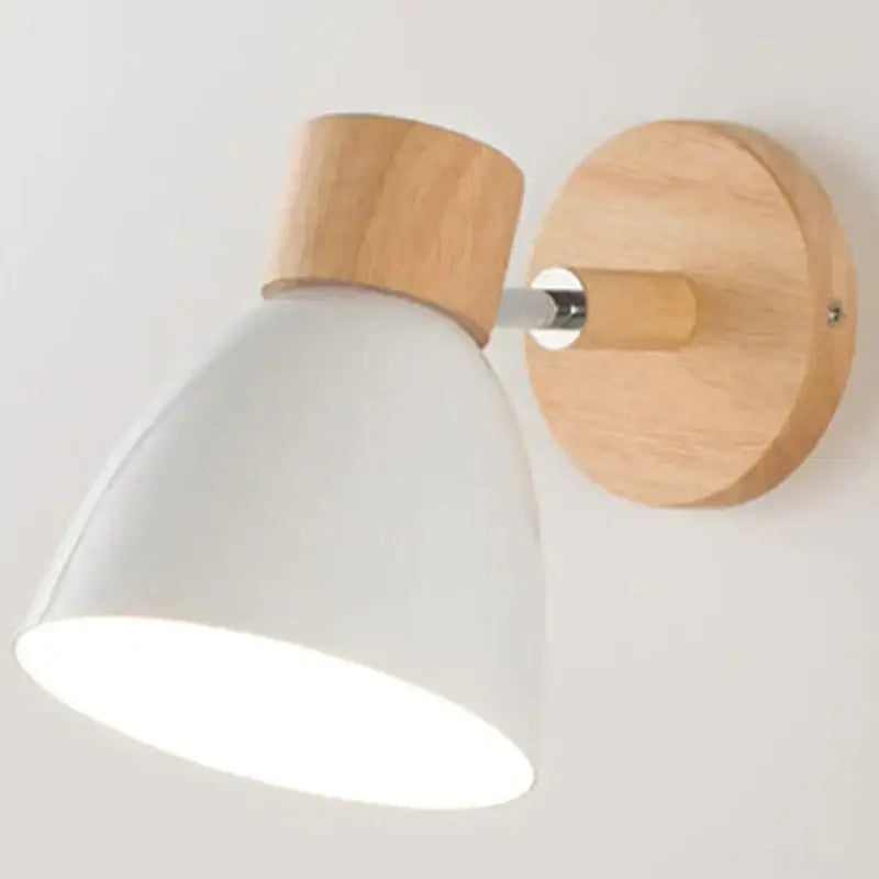 Joan wooden reading wall lamp with white matte conical shade yellow natural wood backplate and chrome hardware