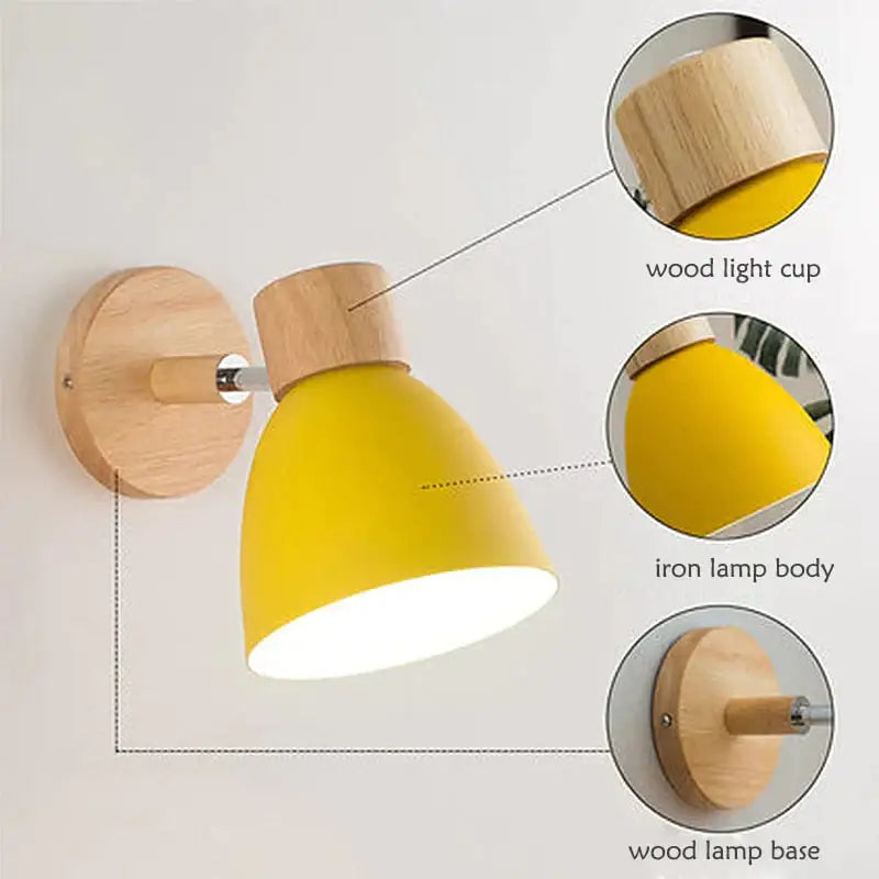 Yellow iron lamp body with wooden light cup and wood base in joan wooden reading wall lamp for bedroom lighting