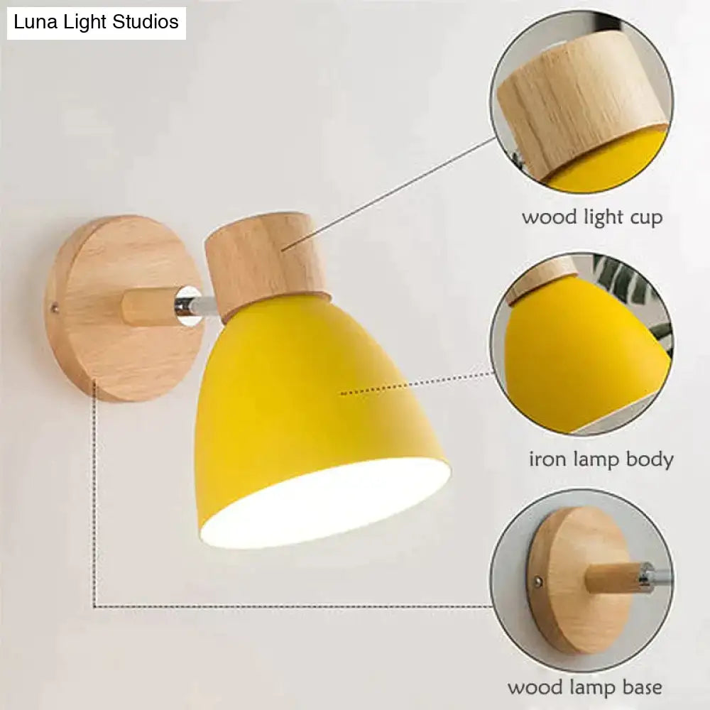 Bright yellow iron body joan wooden reading wall lamp with natural wood light cup and base for bedroom use