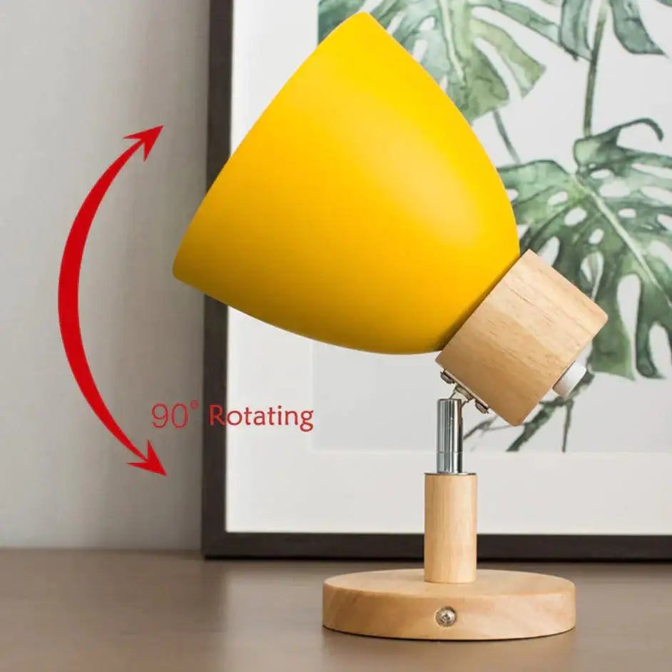 Joan wooden reading wall lamp with bright yellow conical lampshade and adjustable wooden base for bedroom lighting
